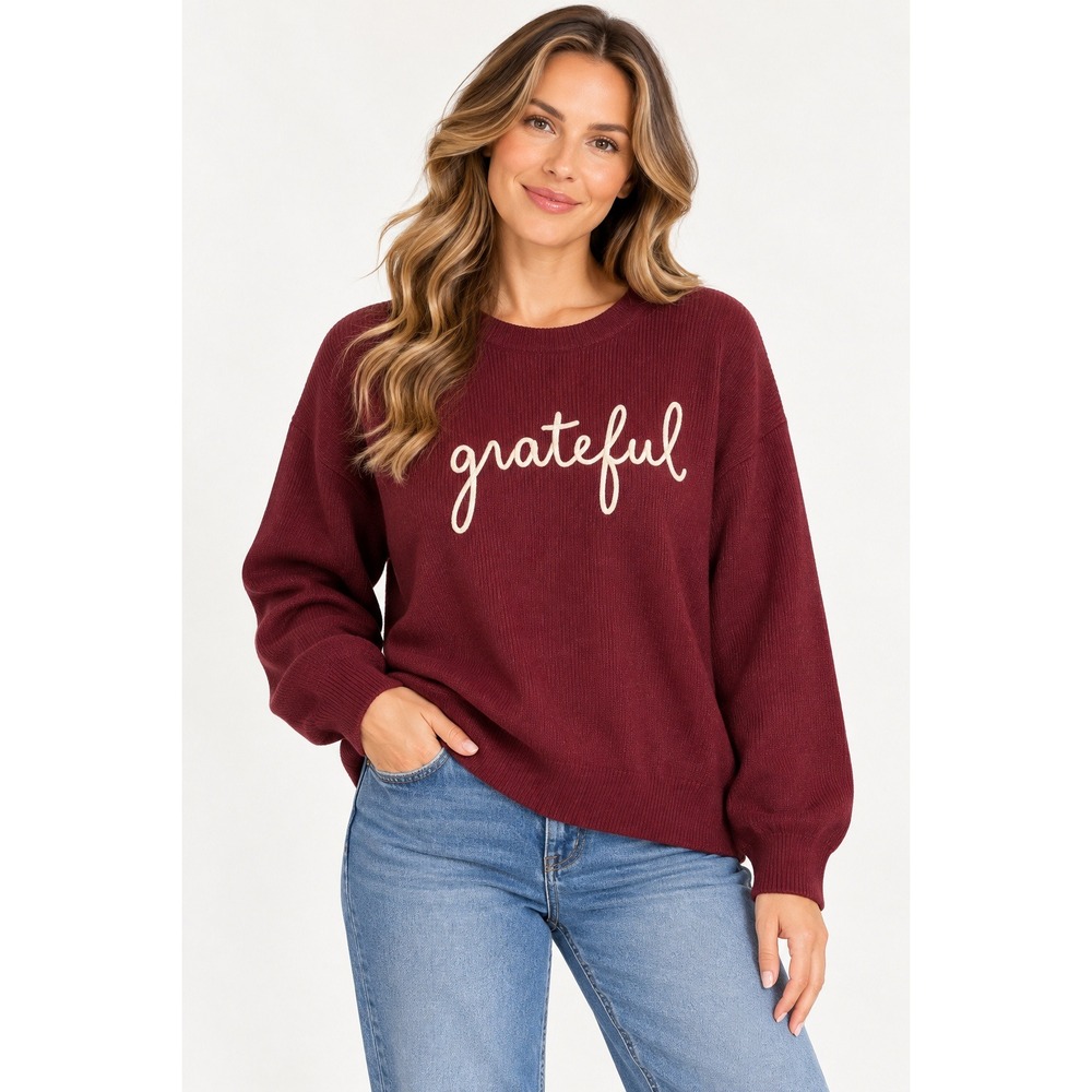 Rio & Rian Grateful Embroidered Sweater Womens L Burgundy Thanksgiving Fall